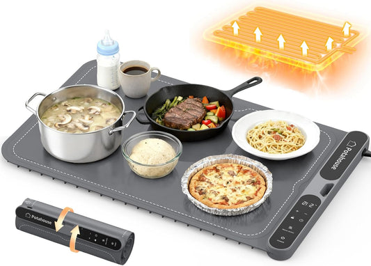 Potahouse Food Warming Mat, 5s Fast Heating,Electric Warming Tray with 7 Temp 8 Timer Settings,Rollable & Portable Food Warmer for Parties,Buffet,Home and Travel Use