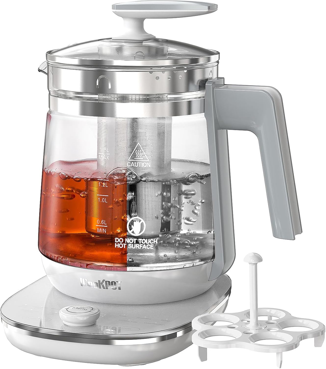 ICOOKPOT 1200w Electric Kettle, 1.5L Borosilicate Glass tea kettle, Hot water kettle electric for Coffee or Tea, BPA Free, Auto Shut-Off, Stainless Steel, Fast Boil, White