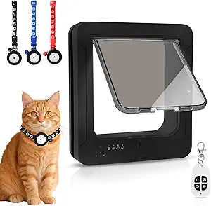Smart Cat Door for Interior & Exterior, Flap Opening is 7.67â€™â€™ (H) by 7'' (W), RFID Cat Pet Door with 3 RFID Collar Sensor Keys & 1 Remote & 4 Way Locking Cat Flap, Automatic Opening Cat Door (Black)