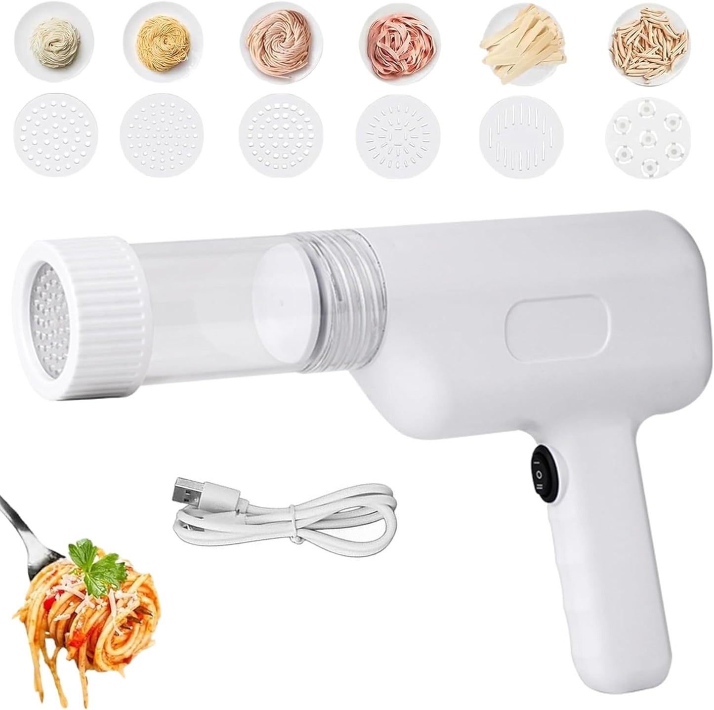 Handheld Electric Pasta Maker: 6-in-1 Homemade Cordless Pasta Machine, Portable Automatic Pasta Noodle Maker with Pasta Shaping Discs, Household Ramen Spaghetti Pasta Maker Machine (White)