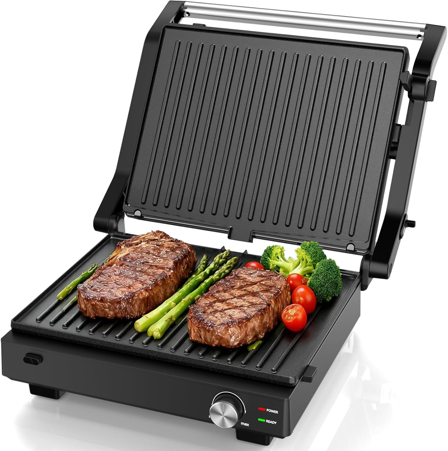 Electric Indoor Grill, 14'' Panini Press Grill, 1600W Electric Grill for Steak, Burger, Sandwich, 450℉ Dual Cooking Plates, 180° Flat Griddle, Removable Non-stick Grill & Drip Tray, Dishwasher Safe