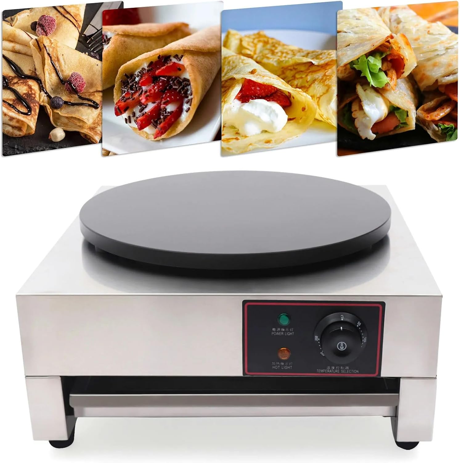 1700W 16" Commercial Electric Crepe Maker Pancake Machine with Spatula,122-572℉ Adjustable Temperature Non Stick Big Hotplate Griddle Crepe Pan for Kitchen,Snack Stand,Dessert Shop