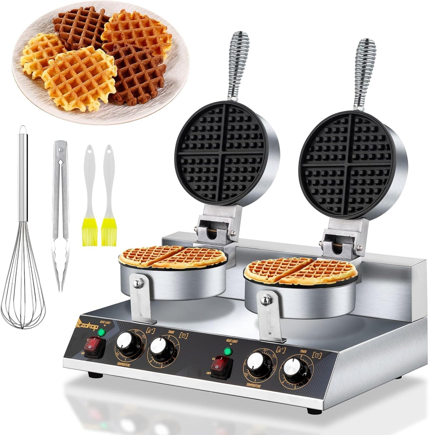 Commercial Waffle Maker Round Belgian Waffle Maker Intelligent Waffle Maker Non Stick Waffle Iron Machine Double Head 2400W 110V for Home Restaurant and Snack Bar Stainless Steel