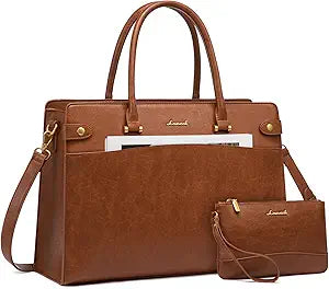 LOVEVOOK Laptop Tote Bag For Women Work, Vintage Leather Computer Bags For Laptops For Women, Waterproof Laptop Bag Business Briefcase Office Large Shoulder Handbag Purse, 15.6 Inch, Brown
