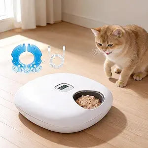 PetPrime 6-Meal Automatic Cat Feeder with Two Ice Packs,Cordless Rechargeable Cat Food Dispenser for Cats and Small Dogs Wet Food Auto Pet Feeder White