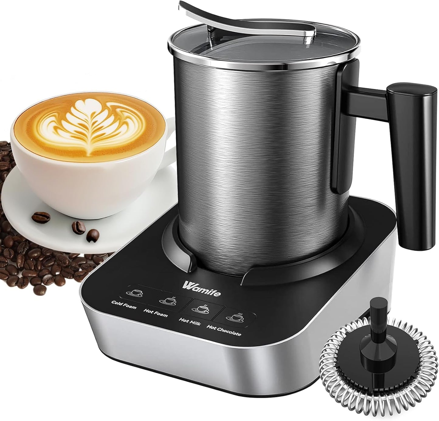 Wamife Electric Milk Frother and Steamer for Coffee with Milk Frother Cup (700ml\/23.6oz,Milk 150ml) 4-in-1 Milk Foamer Hot Chocolate Maker,Hot & Cold Foam Maker,Heated Milk,Dishwasher Safe with Whisk