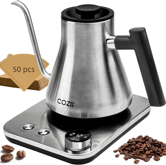 COZII Gooseneck Electric Kettle with Temperature Control, 24H Keep Warm Pour Over Kettle for Coffee & Tea,±1℉ Temperature Control 1200W Quick Heating Water Boiler with 50pcs Coffee Filter,0.9L