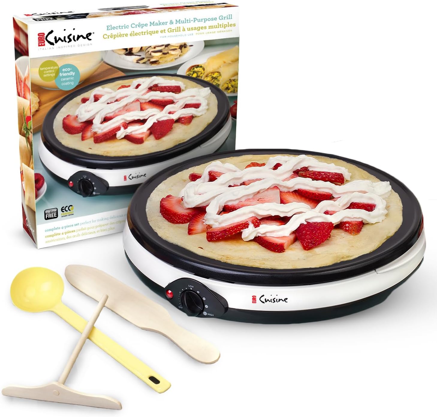 Euro Cuisine CM20 Electric Crepe Maker, 12-Inch Non-Stick Pancake Dosa Maker Machine, Electric Pancake Griddle Crepe Pan with Accessories, White