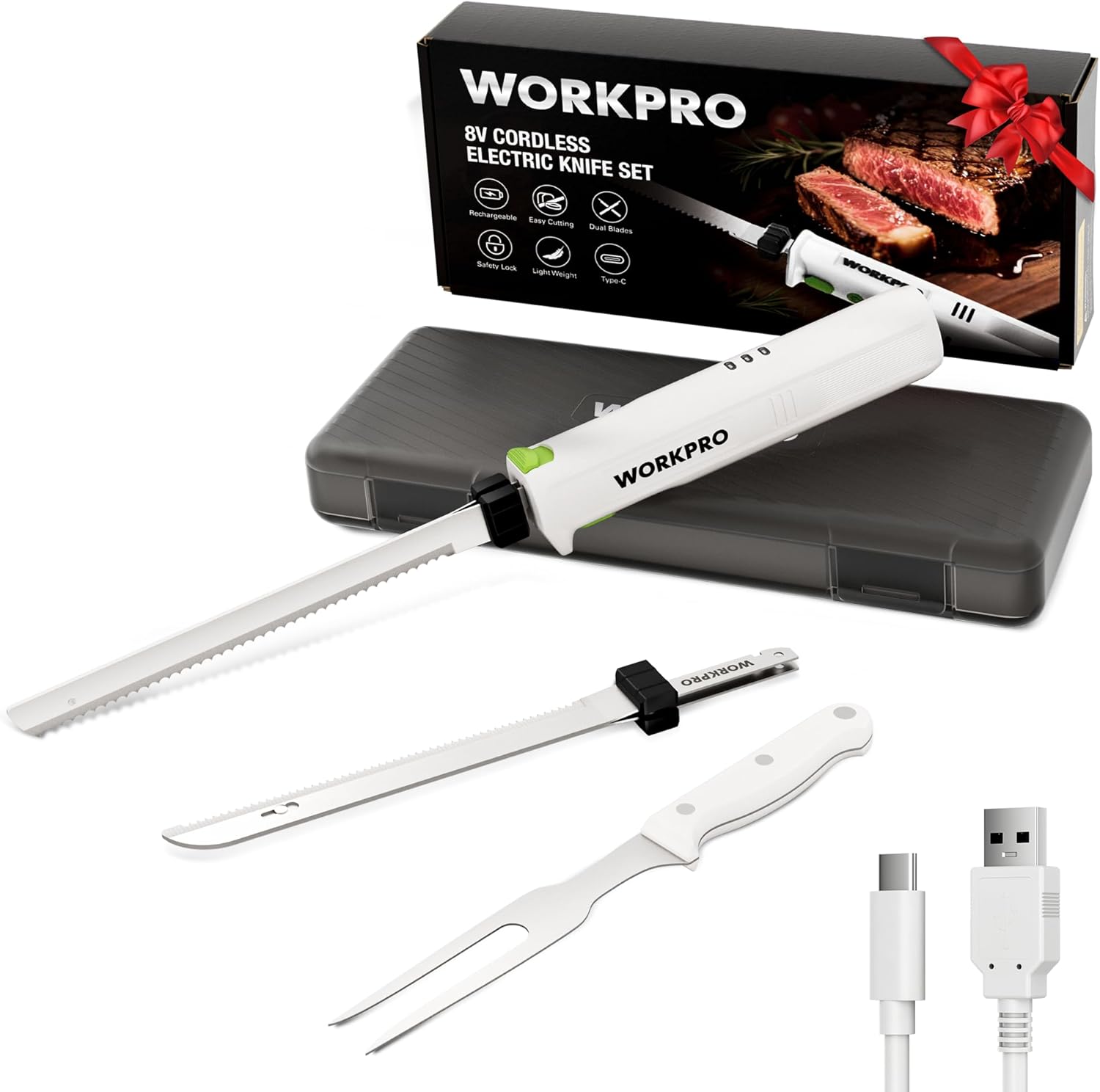WORKPRO Electric Knife for Meat Slicing, Cordless Electric Carving Knife for Turkey, Fish & Bread, Two Stainless Steel Blades, Ergonomic Handle, Storage Case & Serving Fork Included, White