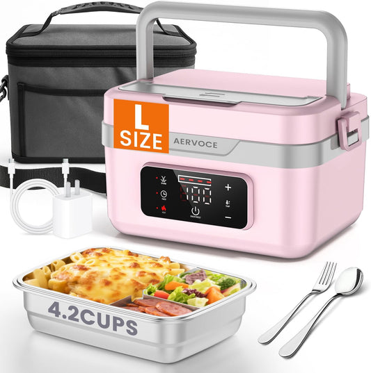 AERVOCE Electric Lunch Box for Adults - 8000mAh Cordless Heated Lunch Box for Women 1L Portable Food Warmer for Car, Office or Outdoor Jobsites(pink)