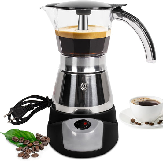 Electric Moka Pot 6 Cup 300ml Plastic Transparent Stovetop Espresso Maker Portable Stainless Steel Mocha Pot Percolator Italian Coffee Makers Greca Machine Cafe Classic for Home Camping