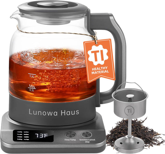 Lunowa Haus Rufus Titanium & Glass Electric Tea Kettle Tea Maker - Pro Steam Extraction, 11 Temp & 10 Strength Levels, Dry Boil Protection, 12H Auto Warm, 1.2L 600W 120V, BPA-Free with 1 Infusers