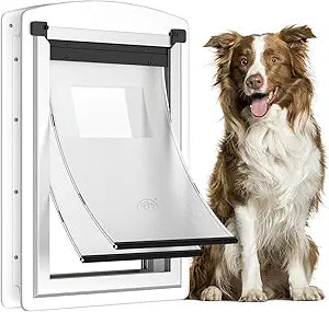 [MAVRICTECH] Large Dog Door for Door - Dog Door for Exterior Door with Telescoping Tunnel, Steel Frame, Magnetic Double Flaps, 2 Sliding Locks, Weatherproof, Fits Pets Up to 110LBS, White