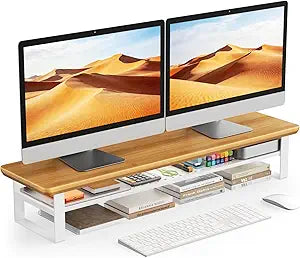 Dual Monitor Stand, 35.4 Inch Monitor Stand Riser for 2 Monitors, 2 Tiers Wood Desk Shelf with Storage, Desktop Organizer Stand for Computer, Laptop, Printer, TV (Cherry Wood, 35.4in)