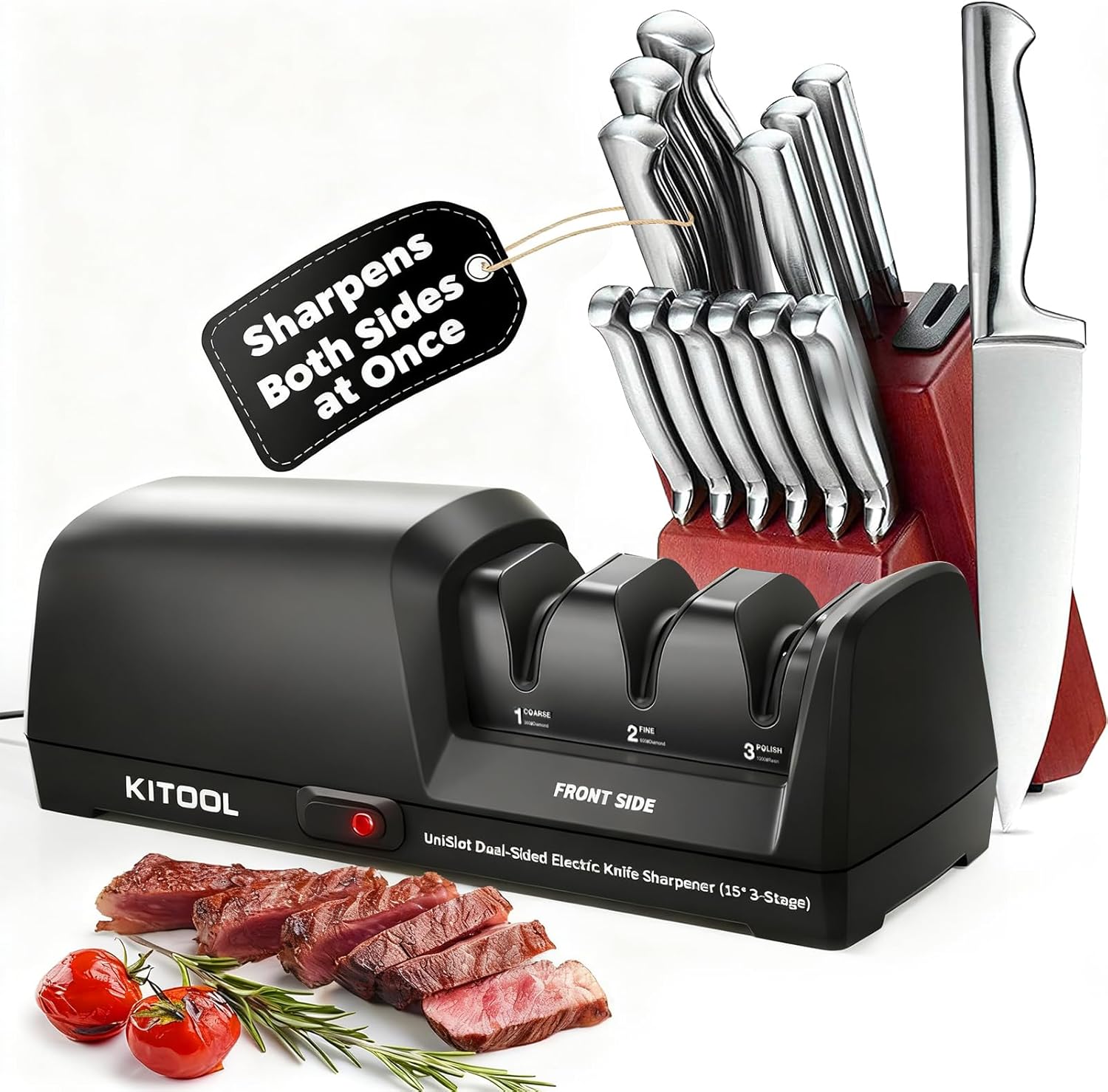 KITOOL Electric Knife Sharpener, Dual-Sided 3-Stage Sharpener with 100% Diamond Abrasives, Low Noise & Smart Temperature Control, for Straight, Serrated & Ceramic Kitchen Knives