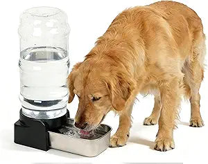 PAKEWAY Large Capacity Gravity Water Dispenser for Dogs, 2.3 Gallon Stainless Steel Pet Water Bowl for Medium & Large Pets, Low Refill Automatic Waterer with Filters