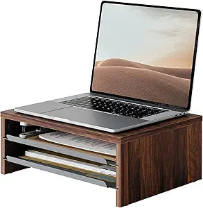 Fenge Monitor Stand, 3-Tier Monitor Riser with Slide-Out Tray, Wooden and Metal Desktop Organizer for Home Office, Computer, Laptop, Printer, Telephone