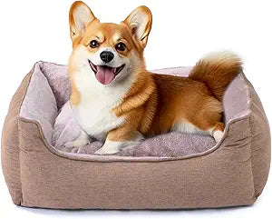 Makigued Rectangle Dog Bed for Medium Size Dog with Removable Washable Cover Pet Bed with Bolster Sides Non-Slip Bottom Pet Sofa Waterproof Lining Durable Pet Cuddler, Light Brown, 25x 20x 6.7 in