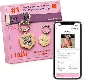 Hanging QR Code Pet ID Tag, Large Gold Dog Tag, Cat Tag, Custom Profile, Includes Free Pet Management App, Durable, Smart Dog Tag