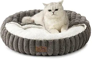 Cat Bed with Hooded Blanket, Round Fluffy Anti-Anxiety Pet Bed for Cats/Small Dogs, Cozy Donut Cuddler with Machine Washable Faux Fur & Anti-Slip Bottom(23"Ã—23"Ã—6",Grey)
