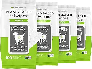 Petkin Plant-Based PetWipes, 100 Wipes, 4 Pack - Biobased, Sustainable, Big & Thick Pet Wipes for Dogs & Cats - for Face, Paws, Ears, Body & Eye Area - Consciously Cleans & Conditions - Unscented