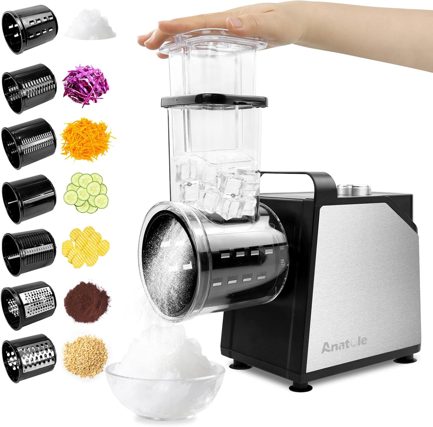 Anatole Electric Cheese Grater 7 Blades Ice Shaver Stainless Steel Vegetable Shredder 250W BPA-Free 110V