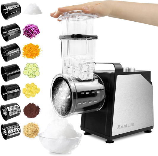 Anatole Electric Cheese Grater 7 Blades Ice Shaver Stainless Steel Vegetable Shredder 250W BPA-Free 110V
