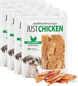 JustFoodForDogs Single Ingredient Healthy Dog Treats and Dog Snacks, Jerky Treats, Human Grade, Preservative and Grain Free, Rawhide Free Chews, Low Calorie Treat - Chicken Breast, 2.5 oz Pack of 4