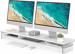 Fenge Acrylic Monitor Stand Riser, 42.5 Inches Dual Monitor Stand with Metal Storage, 2 Tier Acrylic Computer Riser for Desk, Clear Laptop Stand for PC, Laptop, Printer, TV, White