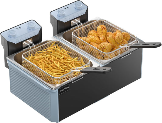 Commercial Electric Deep Fryer 21.2QT (20L) Dual Tank with Basket, Countertop Commercial Grade Fryer Plastic Housing & Stainless Steel Tank, Power Switch + Thermostat for Home & Restaurant