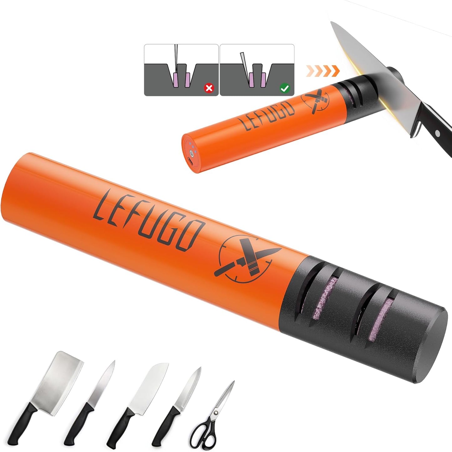 LEFUGO Electric Knife Sharpener, 3 Speed Max 7000RPM Handheld Sharpener for Kitchen Knives, Electric Knife Sharpening Tool of Portable Cordless Rechargeable 2000mAh (Orange)