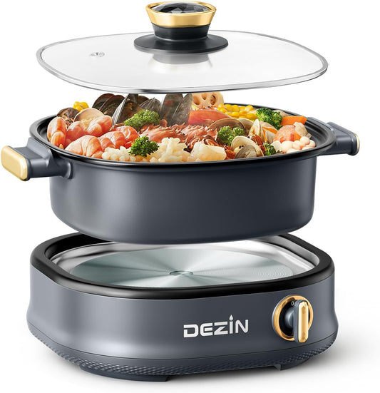 Stariver 3L Non-Stick Hot Pot Electric with Dual-Power Control,Electric Shabu Shabu Pot with Removable Pot, Electric Pot with Tempered Glass Lid for Party, Family Gathering（Golden）