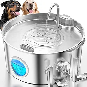 3.4Gal Dog Water Fountain for Large Dogs, Extra Large Stainless Steel Pet Water Fountain, Round Dog Water Bowl Dispenser with Metal Handle, Water Level Window, Supet Quiet Pump for Multi Pet Home