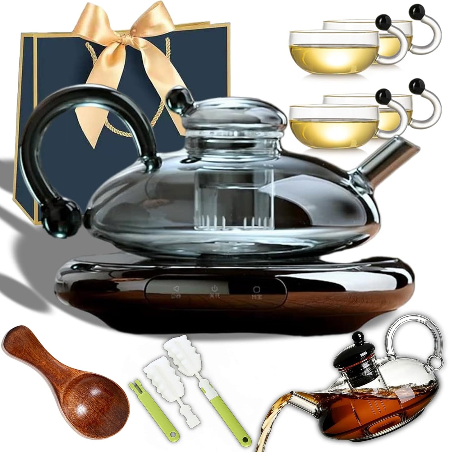 20 Oz Electric Glass Teapot with Warmer, Glass Teapot with Infuser and ElectricWarmer, Electricity Kettle and Tea Pot Set, Automatic Heating Base, Tea Brewing Kit (A with 4 Cups)