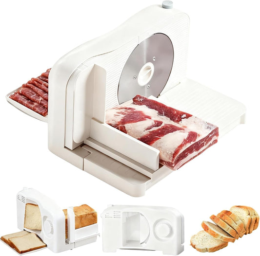 Meat Slicer for Home, 150W Foldable Deli Meat Slicer with 6.7'' Blade, Child Lock Protect Electric Bread Slicer, Adjustable Thickness Portable Food Cutter Machine for Spam Breads Meat (White)