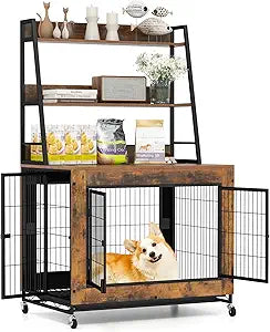 Giantex 38" Dog Crate Furniture with Storage Shelves, Wooden Dog Kennel End Table with Flip Top, 3 Doors, Wheels & Pull-Out Tray, Chew-Resistant Indoor Pet Crate House for Large Dogs, Rustic Brown