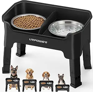 URPOWER Mess Proof Elevated Dog Bowls, High Wall Splash Guard Design, 4 Height Adjustable Raised Bowl Stand, 2 Large Stainless Steel Bowls, Non-Slip Food Water Set for Small Medium Large Dogs