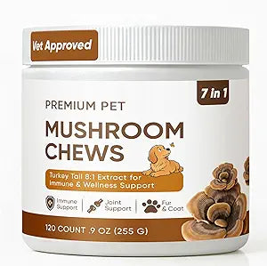 Premium Pet Mushroom Chews - Turkey Tail Mushroom for Dogs, with Reishi, Lionâ€™s Mane, Chaga, Turmeric - Immunity, Gut, Skin, Joint & Spine Support - for All Breeds & Sizes (120 Chews) (1)