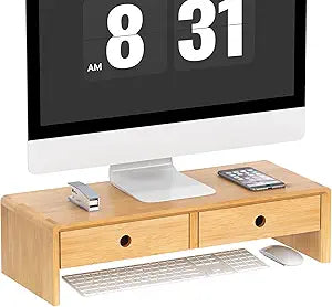 Ufine Bamboo Monitor Stand with 2 Drawers Desktop Organizer Computer Screen Laptop Riser Ergonomic Height for Home Office