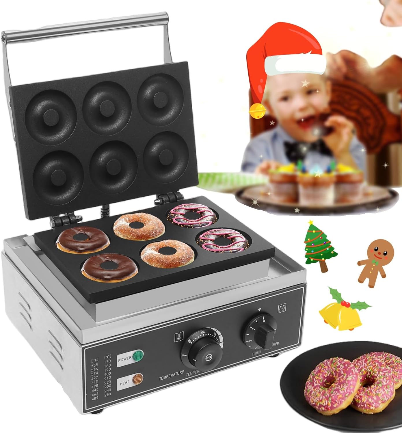 Commercial Waffle Donut Machine, 6 Holes Double-Sided Heating 50-300℃, 110V 1550W, Electric Doughnut Maker, Non-stick Donut MakerTeflon-Coating for Professional Kitchen