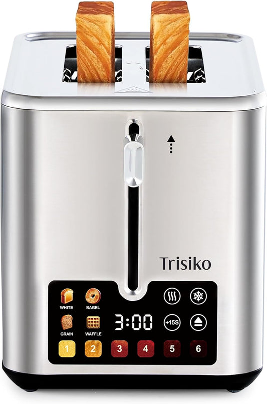 TrisikoÂ® Touch Screen Toaster 2 Slice, Stainless Steel Smart Toaster with Digital Timer, 1.38" Extra-Wide Slots for Bread& Bagel,with Reheat, Defrost, Cancel, +15s Boost, Great for Home, Office, Dorm