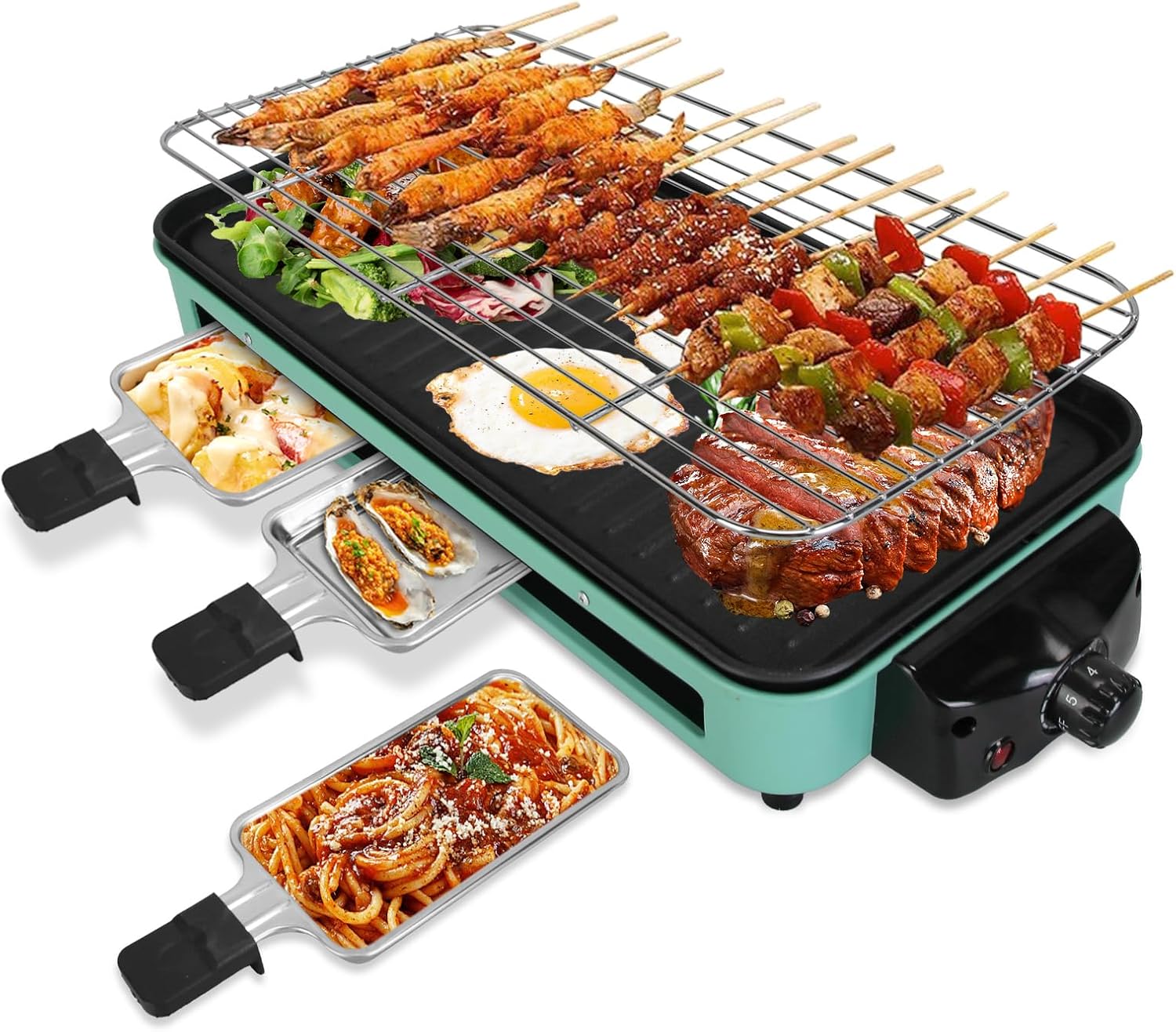 1500W Electric Indoor Grill,2 in 1 Portable Smokeless Indoor Raclette Table Grill,Korean BBQ Grill for Kitchen with Grill Net & Non-Stick Cooking Removable Plate 5 Temperature Control,Dishwasher Safe