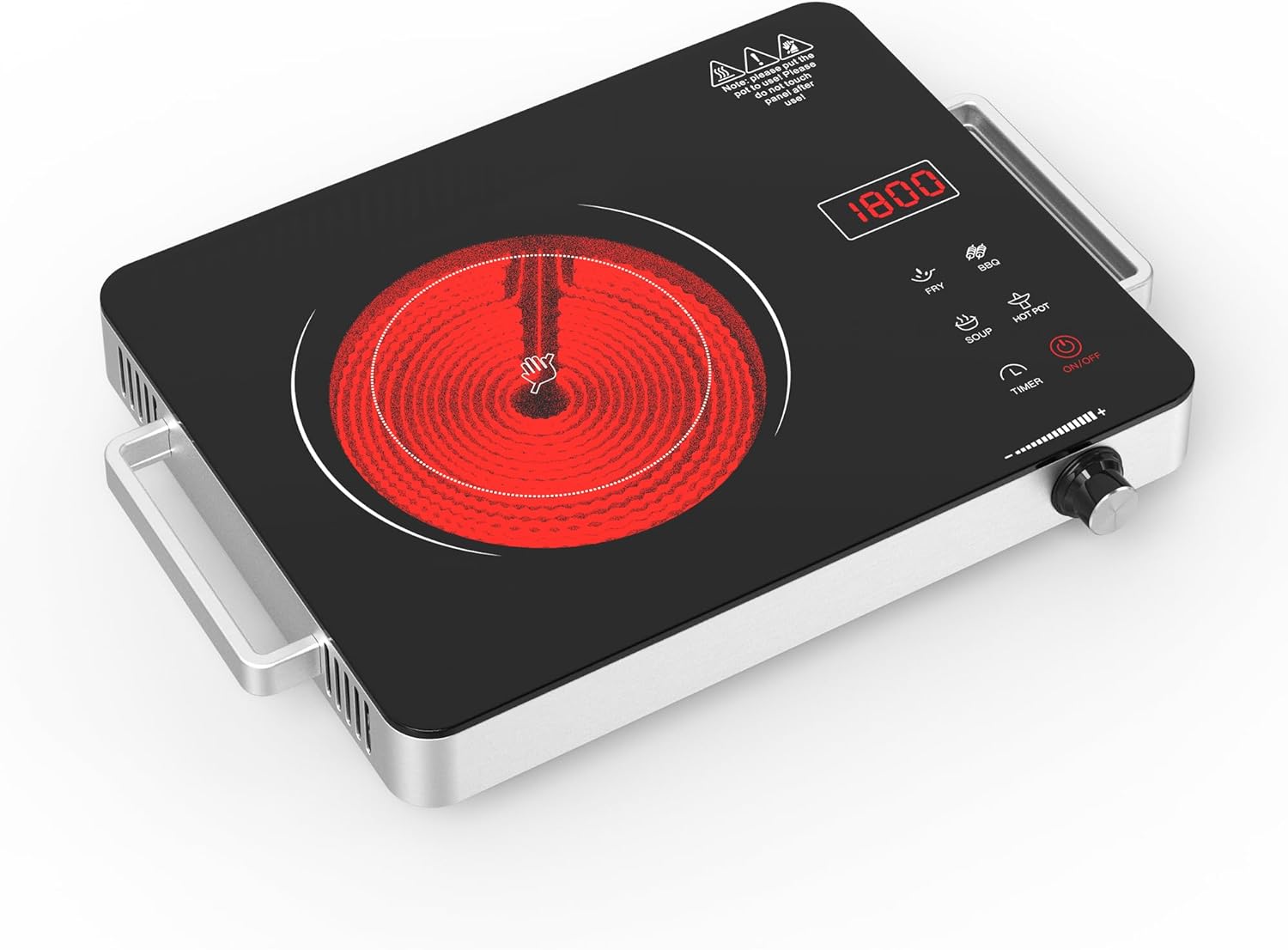 WABK Portable Electric Cooktop, 1800W Infrared Hot Plate Countertop Burner with Handle, 110V Single Burner Electric Stove with Knob & Touch Control, 4-Hours Timer & 10 Power Levels for Home Camping