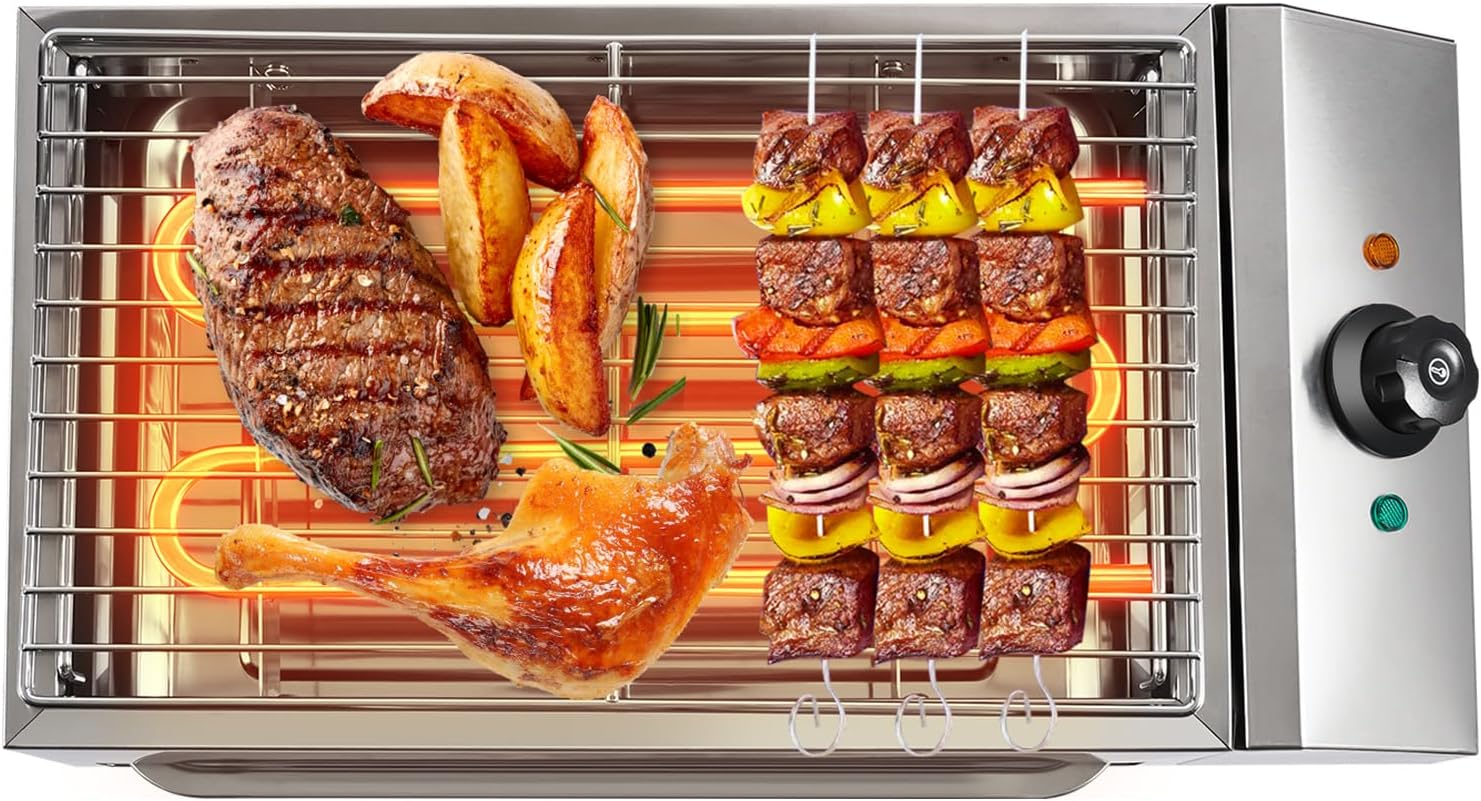 110V Electric Grill, 1800W Stainless Steel Electric Indoor Searing Grill Party Grill Electric BBQ Grill Electric Cooking Grill, Electric Smokeless Barbecue Oven Grill for BBQ Equipment, 54x28x13cm