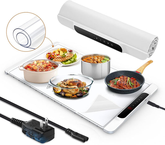 Warming Mat for Food with Protective Safety Plug, Full Surface Heating Electric Tray, Non Slip feet, Rolling and Portable Multifunctional Food Heater, Suitable for Parties, Gatherings, Homes/Outdoor