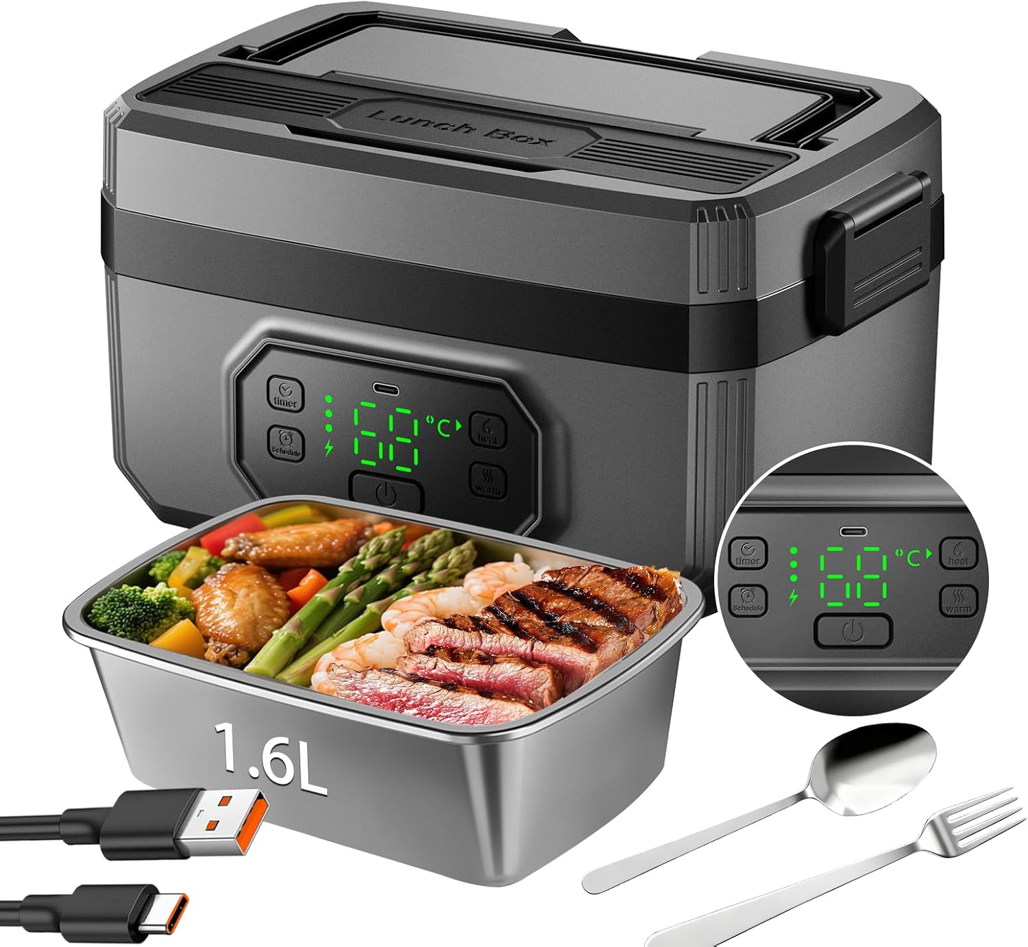 Swingers Cordless Heated Lunch Box, 24000mah Self Heating Lunchbox Battery Powered, 1.6L Portable Electric Lunch Box For Adults, Work And Travel Use (Black)