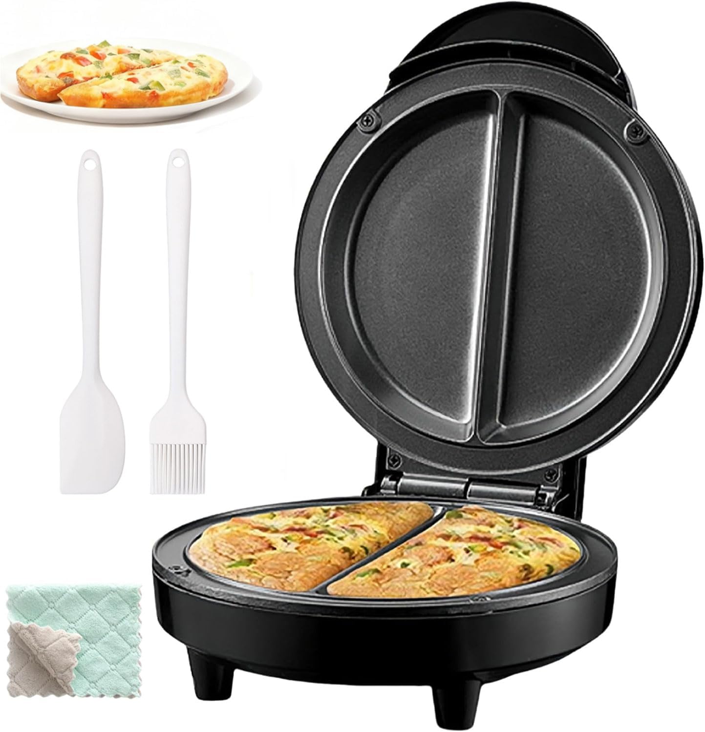 Dual-Zone Electric Omelette Maker Nonstick 6.3" Dual Individual Pans with Indicator Lights Anti-Slip Base Anti-Scald Handle Quick, No-Flipping