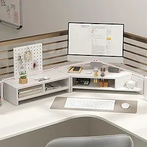 Triangle Monitor Stand Riser Combo, Desktop Corner Shelf with Cup Holder Pegboard, 2 Tier Wood Office Desk Storage Organizer for Laptop, Computer (White)