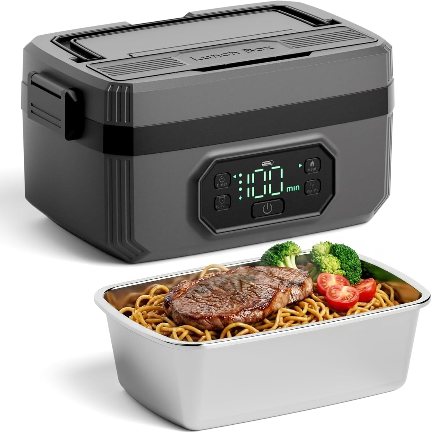 Cordless Electric Lunch Box for Adults, 1.2L Stainless Steel Container, 21000mAh Rechargeable Heated Lunch Box Food Warmer with Timer & Adjustable Heating for Office Car Outdoor