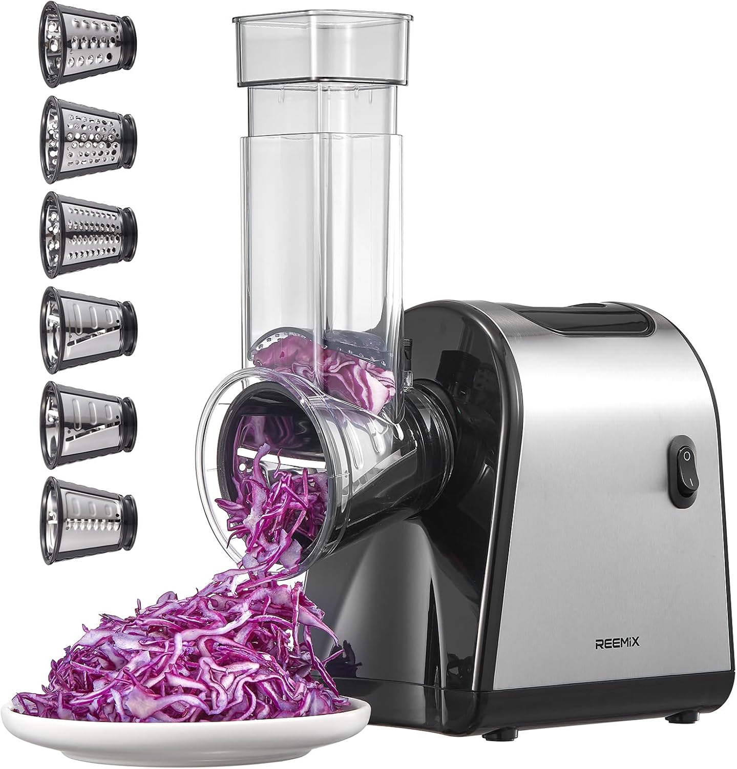 Reemix Electric Cheese Grater, Electric Food Grater with 6 Interchangeable Blades – Slicing, Shredding & Zesting | Stainless Steel Blades, Fast, Effortless Meal Prep for Home Cooks